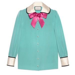 NWT Gucci Teal Pussy Bow Blouse
